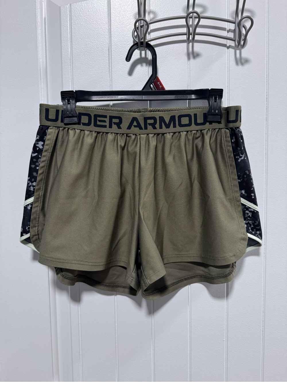 Under Armour Women's Olive Green Athletic Shorts with Black Camo Trim